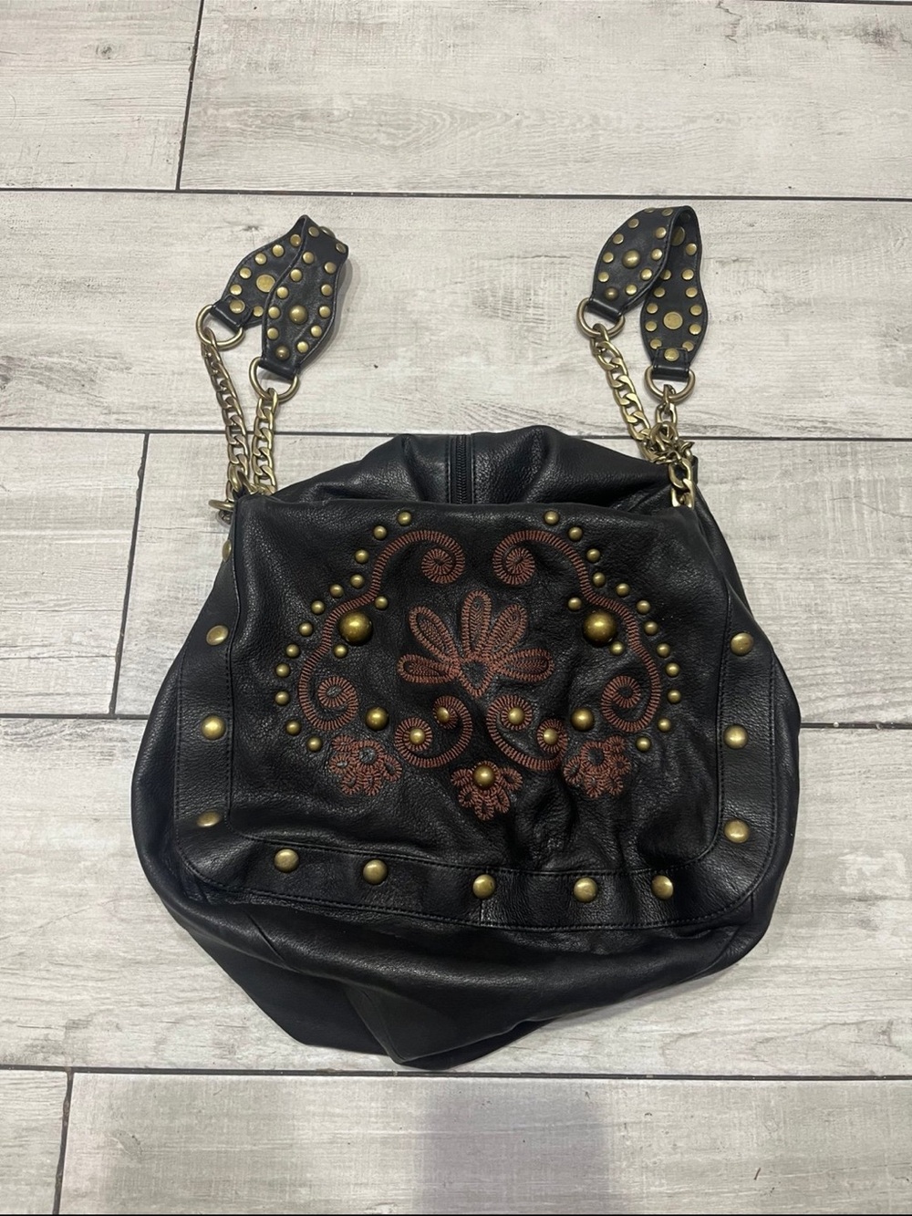 Kate Landry Black Leather Shoulder Bag with Brown Embroidered Floral Detail